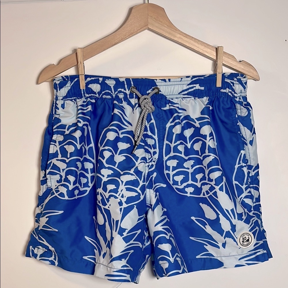 Surfcuz Men’s Blue & White Topical Pattern Swim Trunk Bathing Suit Shorts